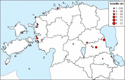  Joonis 2. Punajalg-pistrike isendite arvud Eestis 2005. aasta sügisel. Figure 2. Number of Red-footed Falcons at different sites.