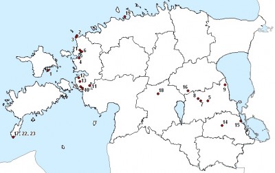 Joonis 1. Punajalg-pistrike vaatluskohad Eestis 2005.aasta sügisel. Figure 1. Observation sites of Red-footed Falcons in Estonia in autumn 2005.   